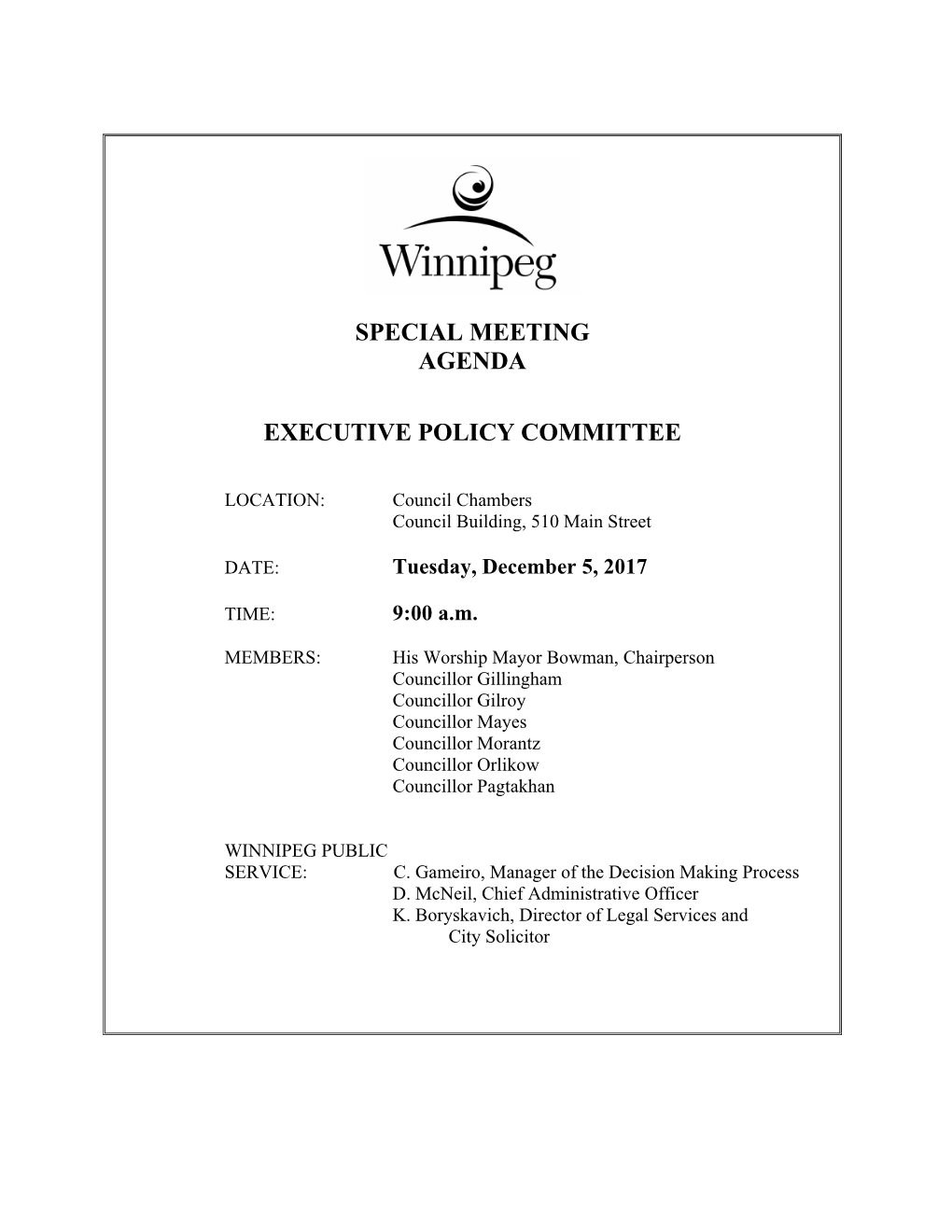 Special Meeting Agenda Executive Policy Committee