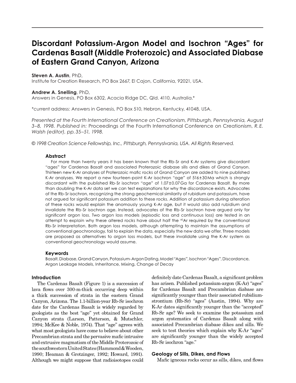 Discordant Potassium-Argon Model and Isochron “Ages” for Cardenas Basalt (Middle Proterozoic) and Associated Diabase of Eastern Grand Canyon, Arizona