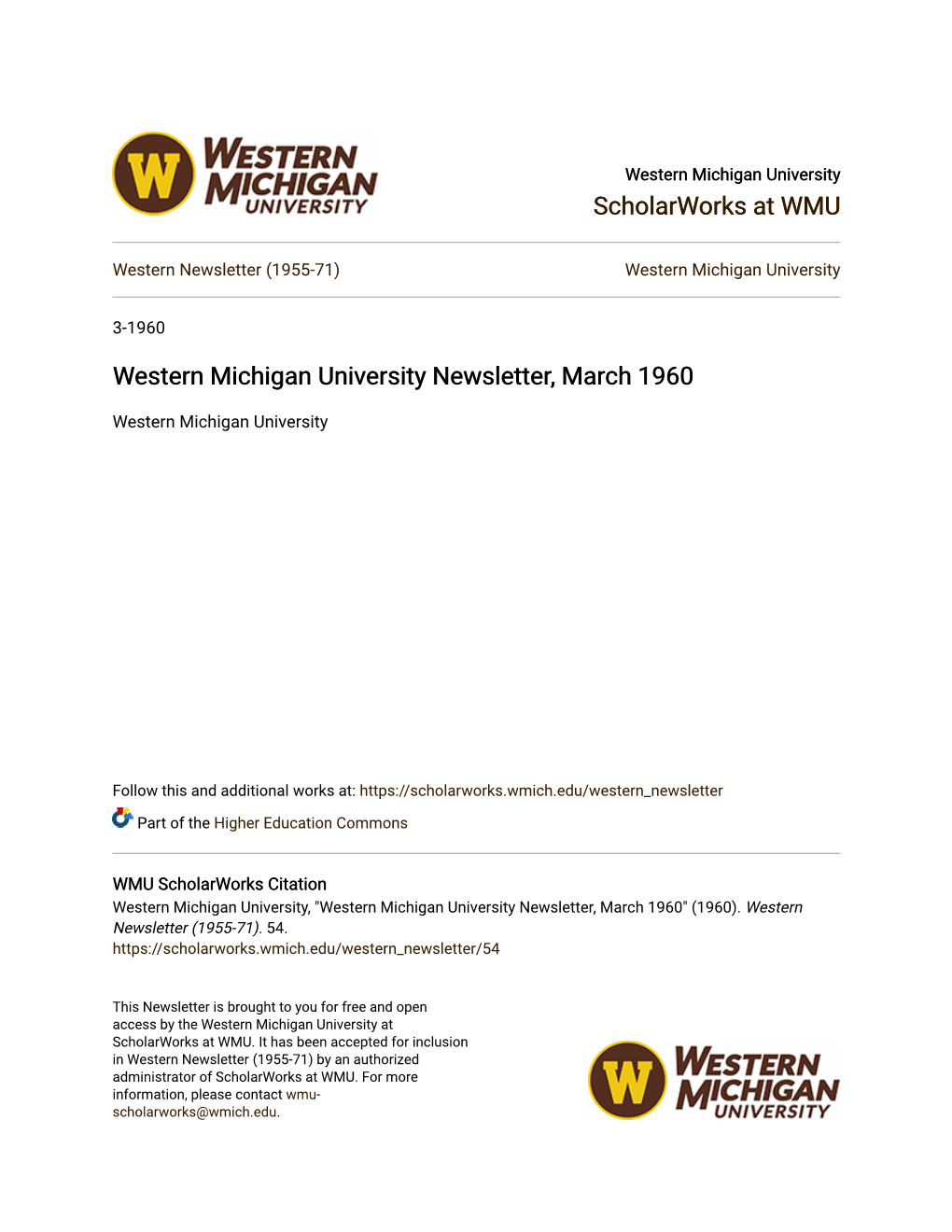 Western Michigan University Newsletter, March 1960