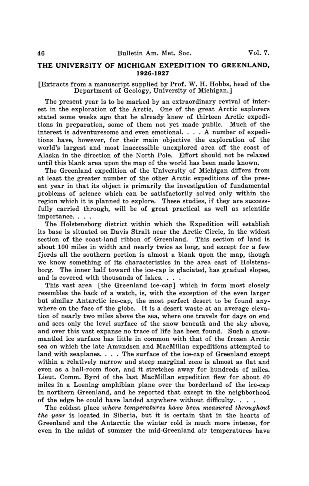 THE UNIVERSITY of MICHIGAN EXPEDITION to GREENLAND, 1926-1927 [Extracts from a Manuscript Supplied by Prof
