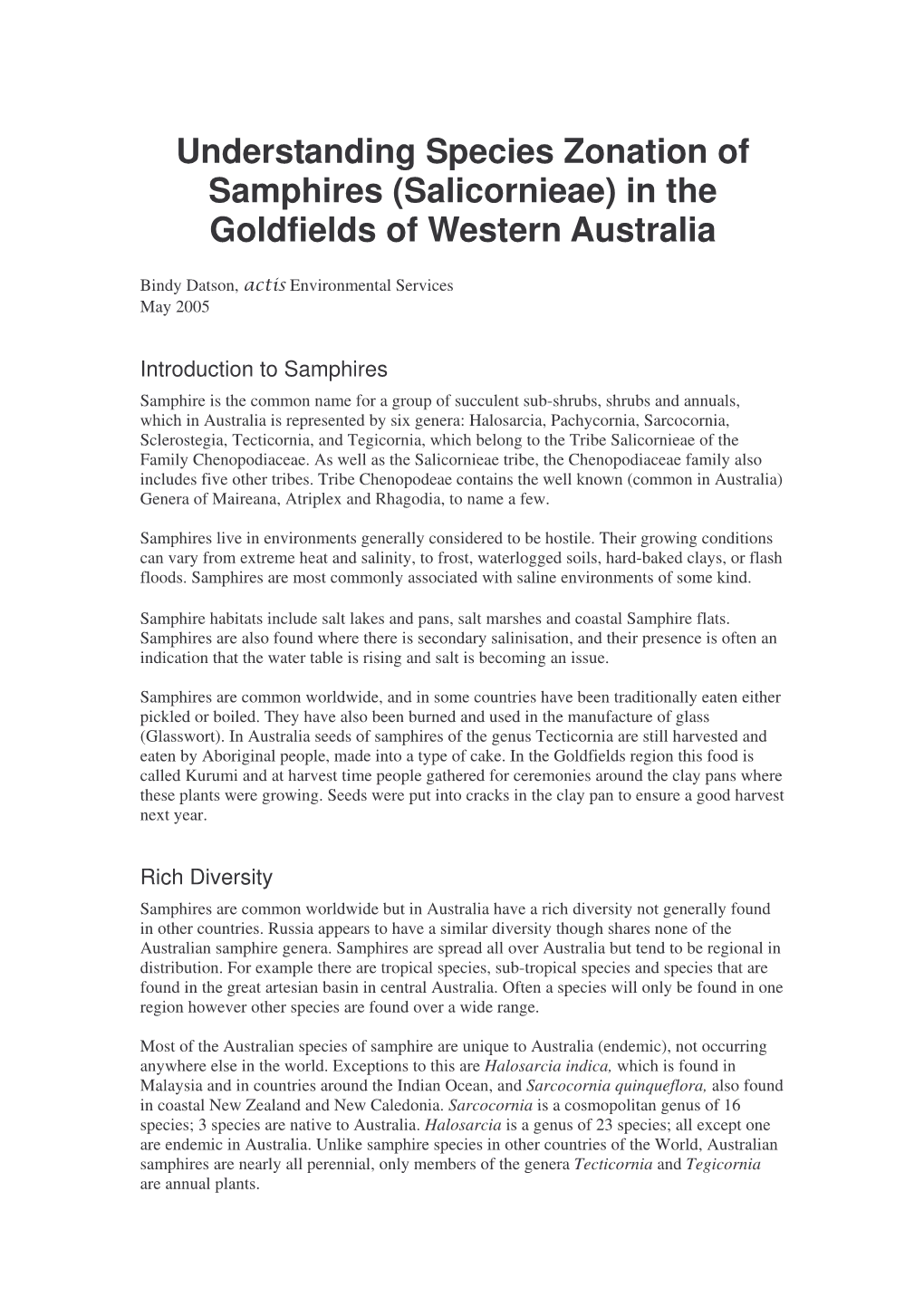 Understanding Species Zonation of Western Australian Samphires