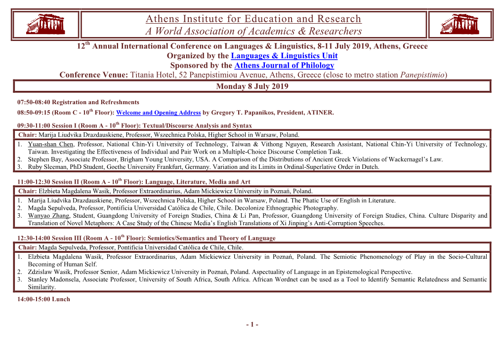 Athens Institute for Education and Research a World Association Of