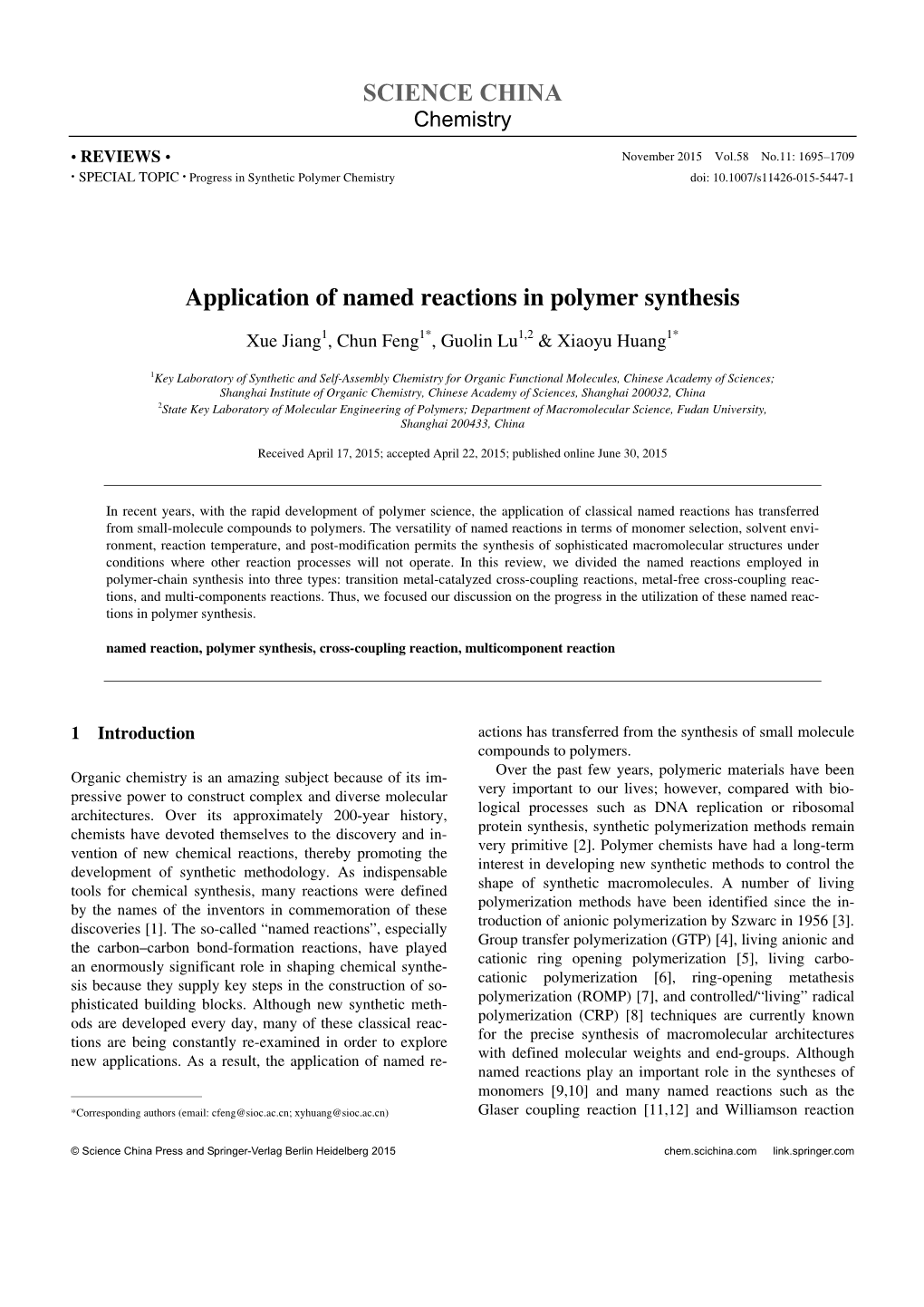 SCIENCE CHINA Application of Named Reactions in Polymer Synthesis