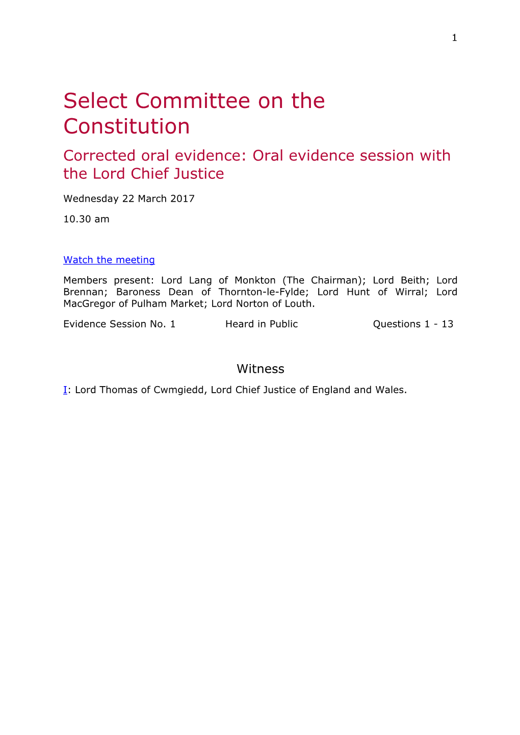 Select Committee on the Constitution Corrected Oral Evidence: Oral Evidence Session with the Lord Chief Justice