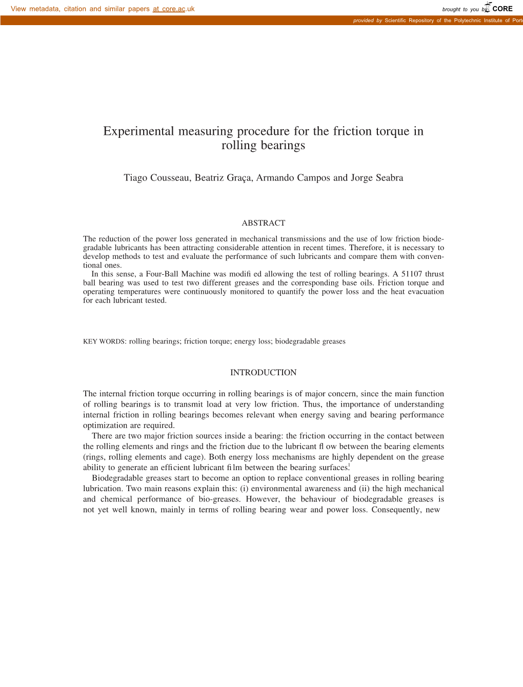 Experimental Measuring Procedure for the Friction Torque in Rolling Bearings