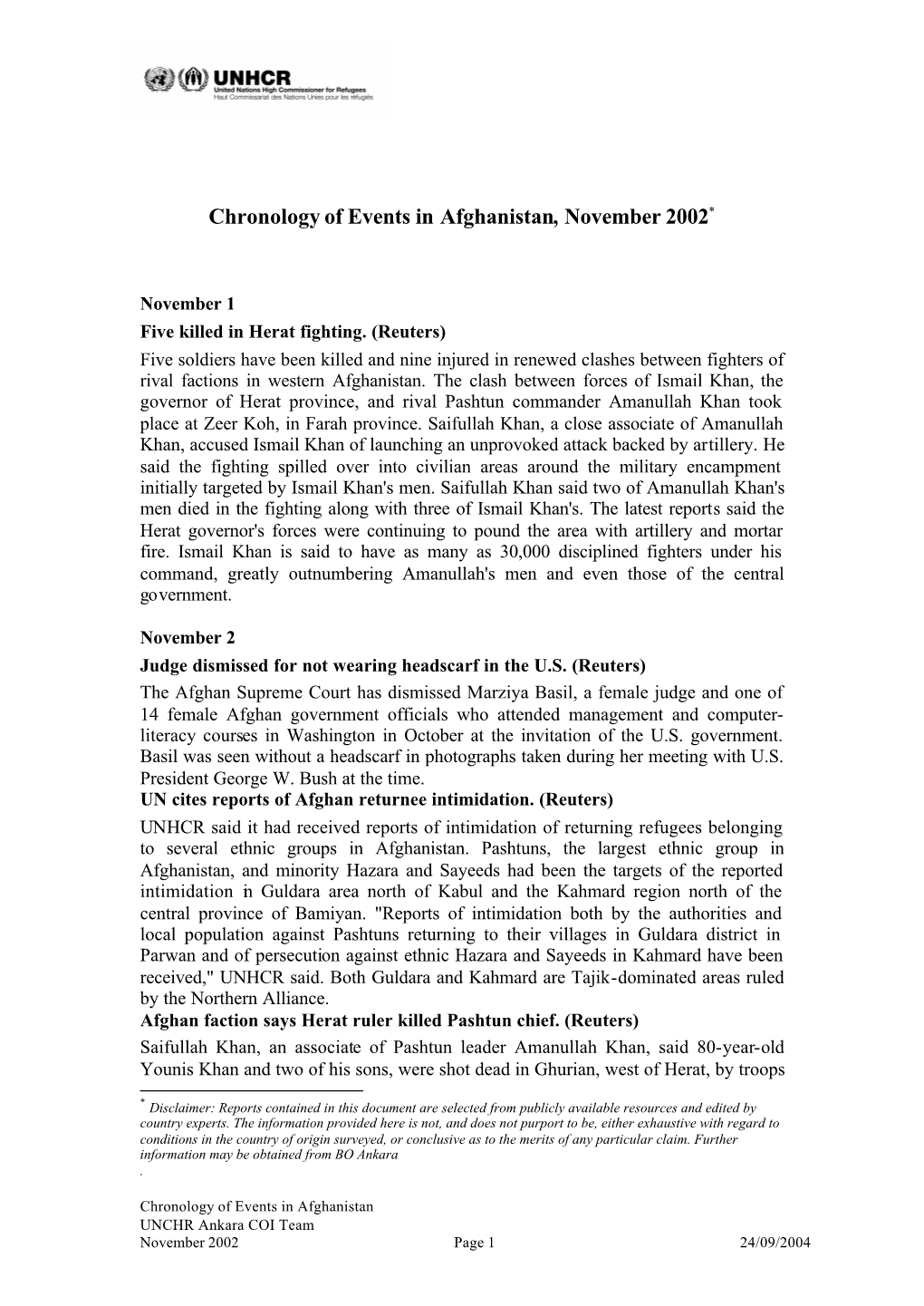 Chronology of Events in Afghanistan, November 2002*