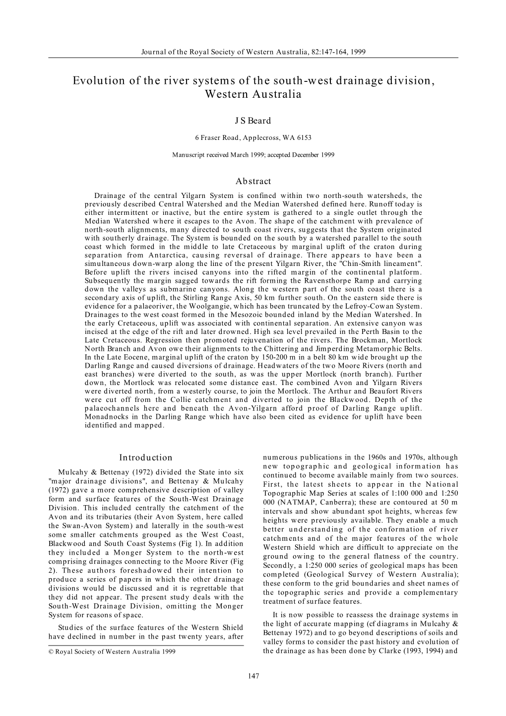 Evolution of the River Systems of the South-West Drainage Division, Western Australia