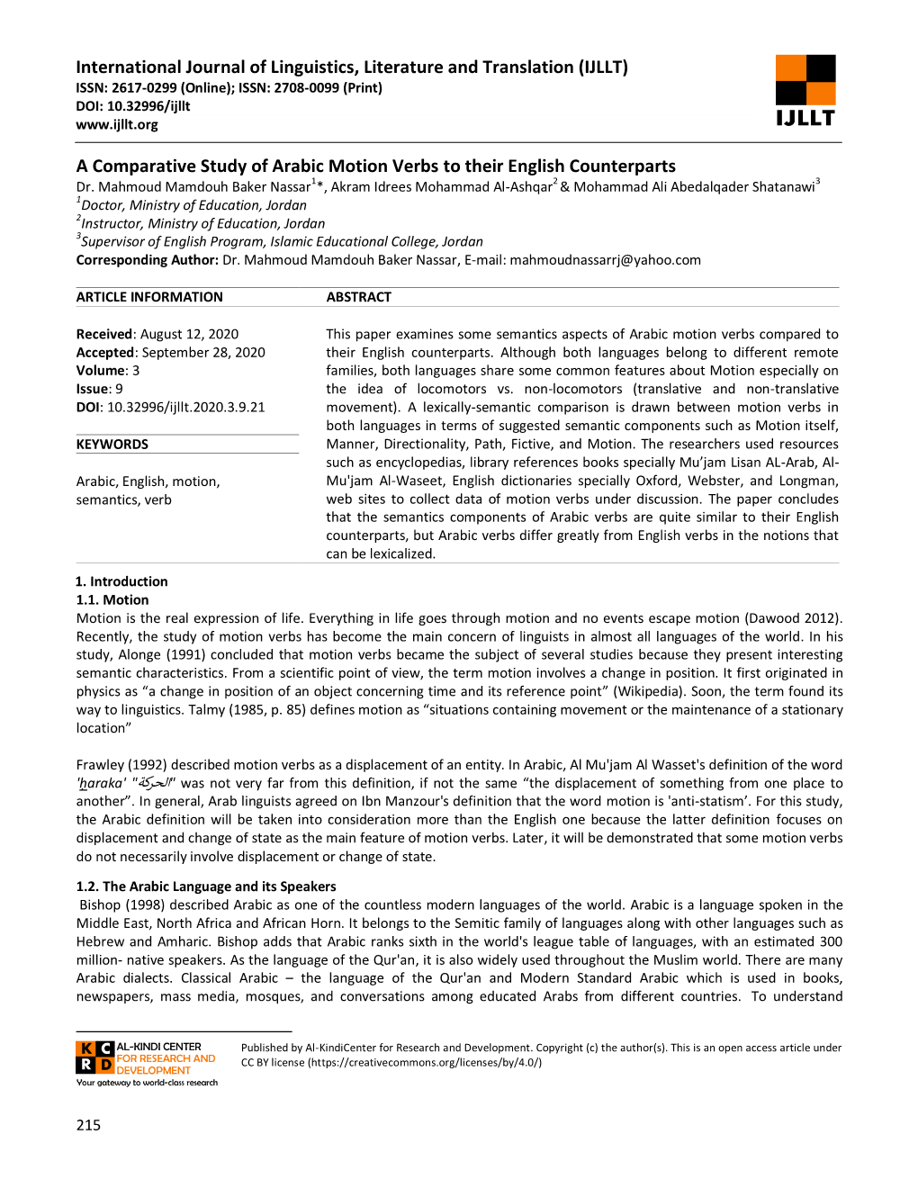 International Journal of Linguistics, Literature and Translation (IJLLT) a Comparative Study of Arabic Motion Verbs to Their