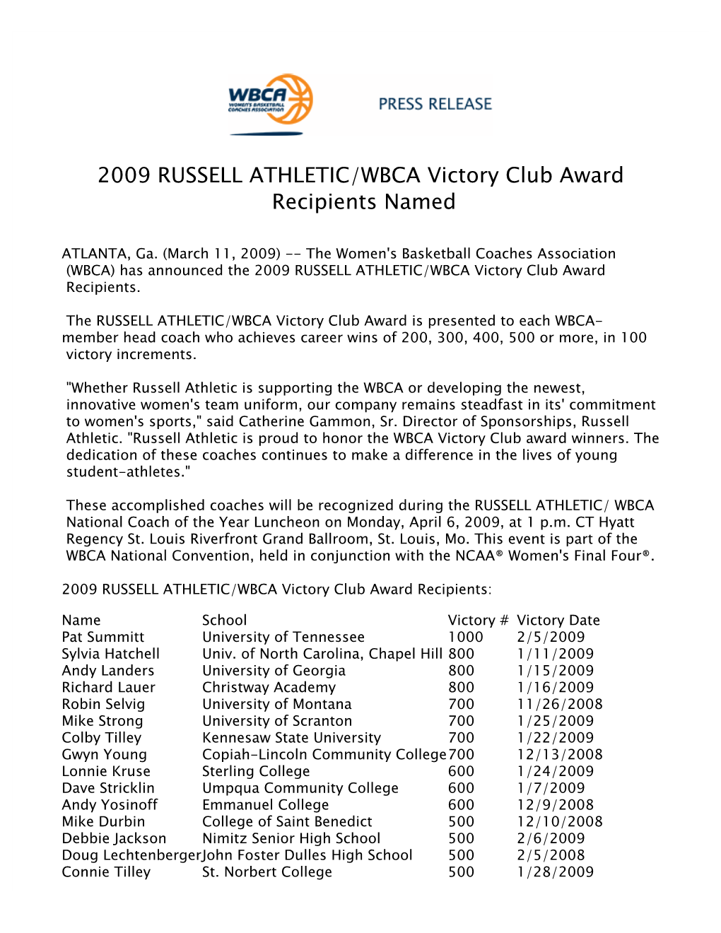 2009 RUSSELL ATHLETIC/WBCA Victory Club Award Recipients Named 2008-09 031109
