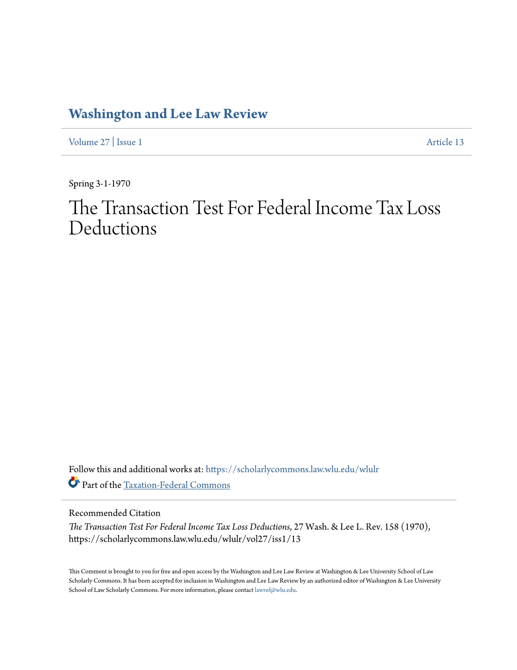 The Transaction Test for Federal Income Tax Loss Deductions, 27 Wash