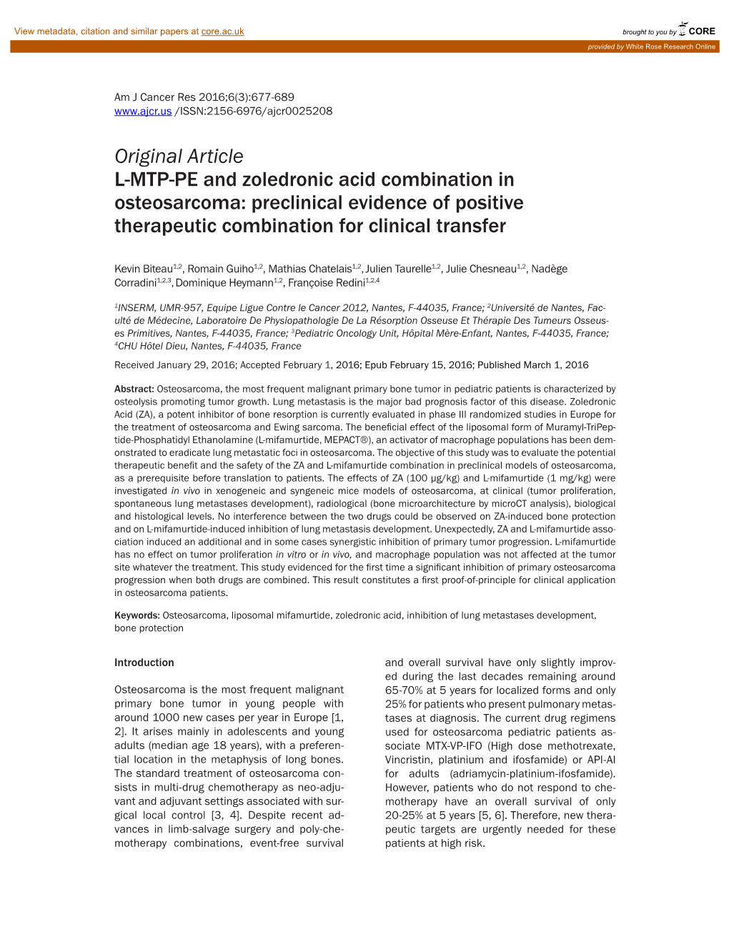 Original Article L-MTP-PE and Zoledronic Acid Combination in Osteosarcoma: Preclinical Evidence of Positive Therapeutic Combination for Clinical Transfer