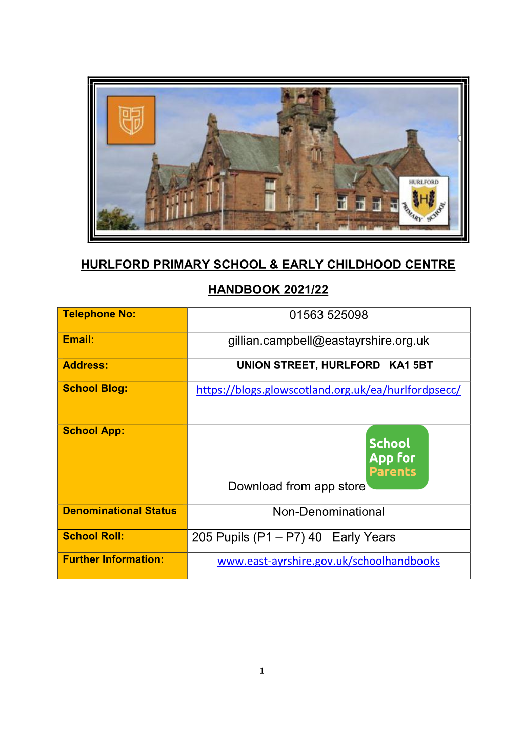 Hurlford Primary School & Early Childhood Centre Handbook 2021/22