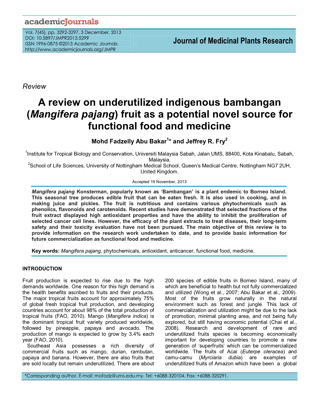 A Review on Underutilized Indigenous Bambangan (Mangifera Pajang) Fruit As a Potential Novel Source for Functional Food and Medicine