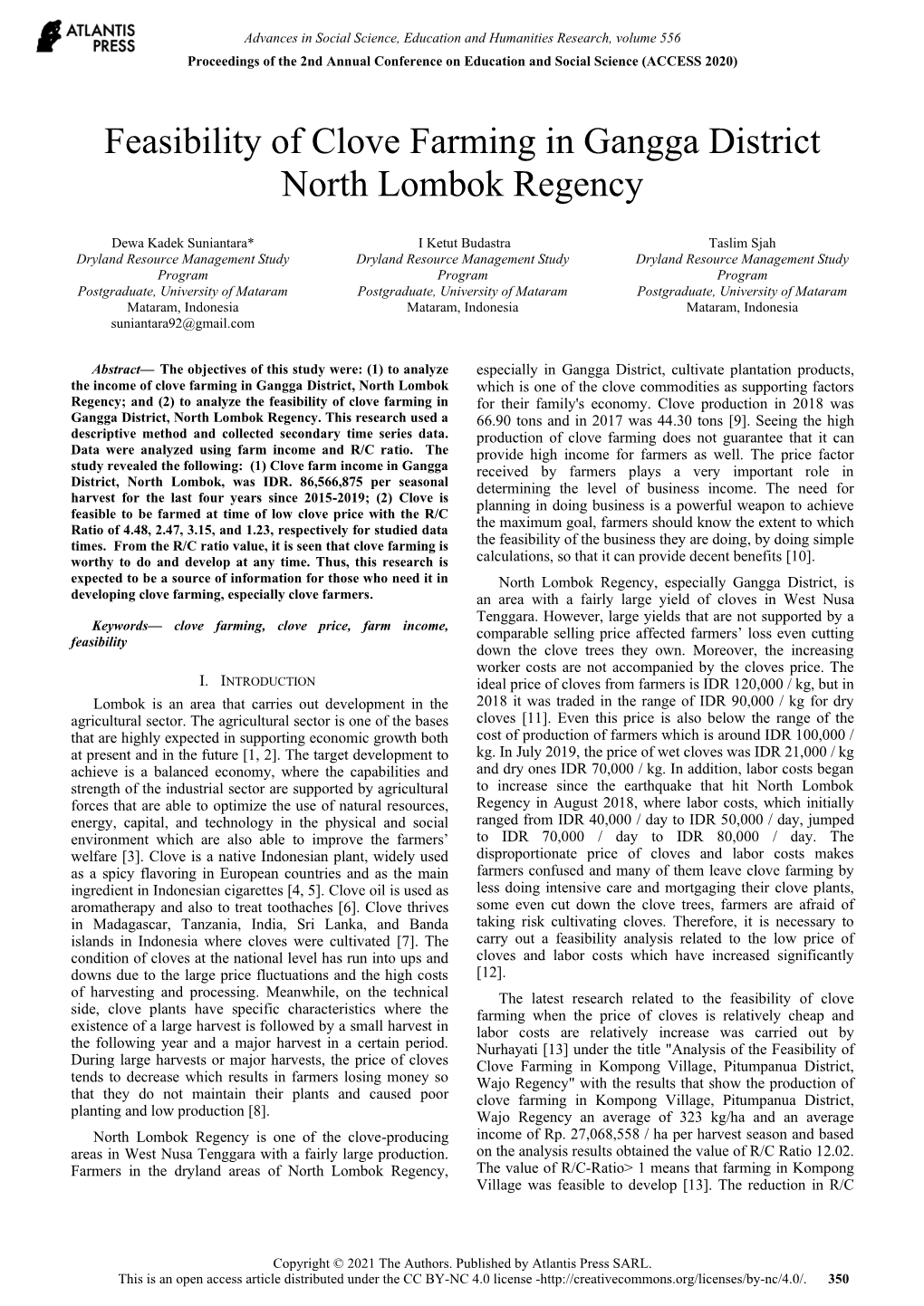 Feasibility of Clove Farming in Gangga District North Lombok Regency