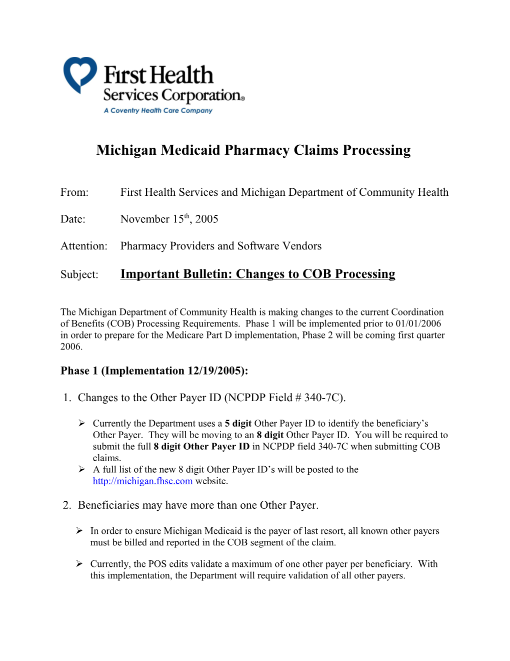 Michigan Medicaid Pharmacy Claims Processing