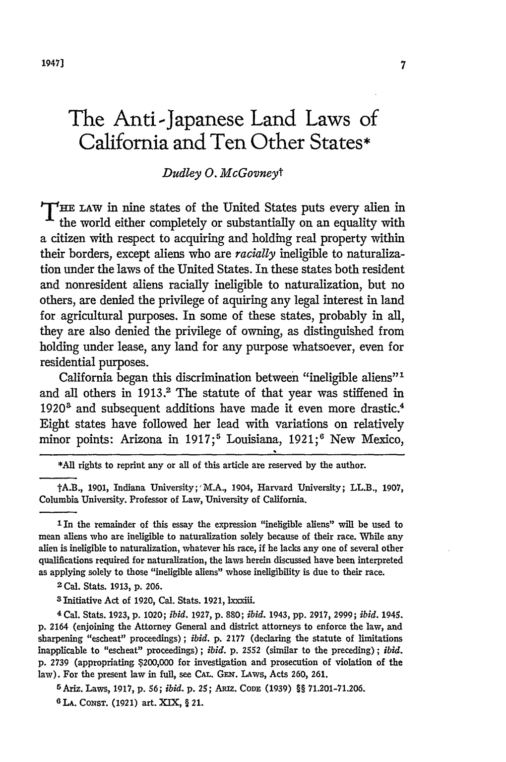 The Anti-Japanese Land Laws of California and Ten Other States* Dudley 0