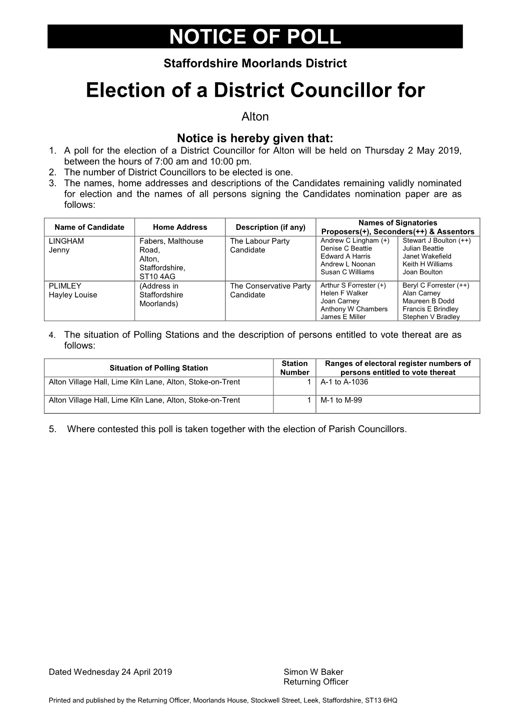 NOTICE of POLL Election of a District Councillor