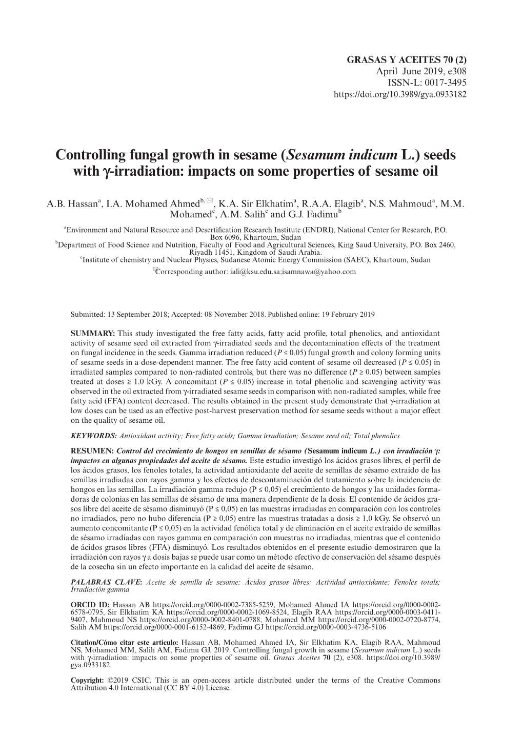 Controlling Fungal Growth in Sesame (Sesamum Indicum L.) Seeds with F-Irradiation: Impacts on Some Properties of Sesame Oil