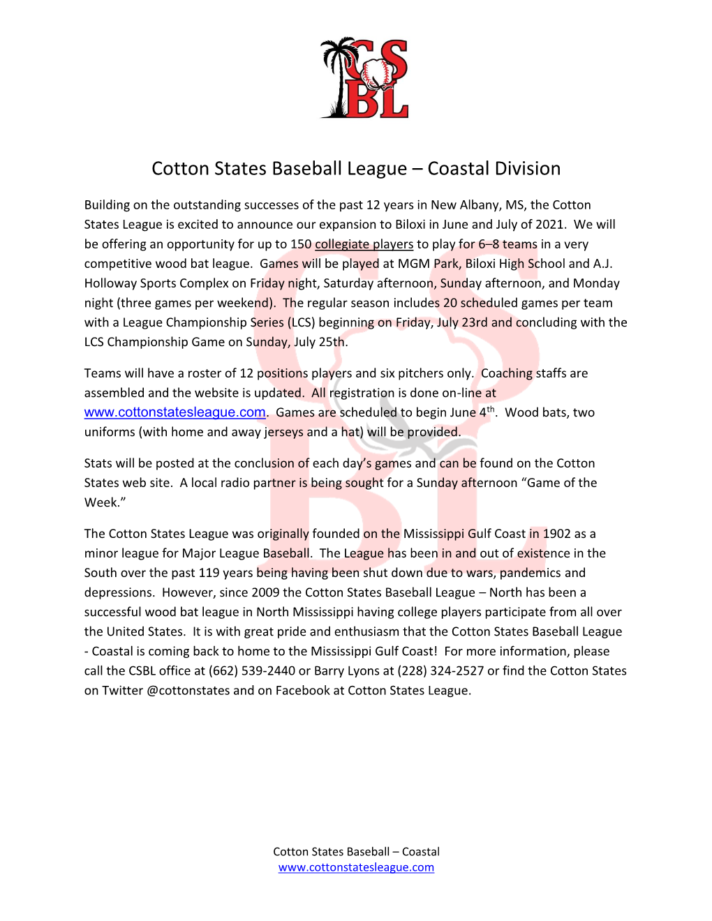 Cotton States Baseball League – Coastal Division