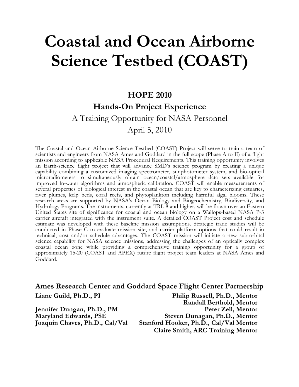 Coastal and Ocean Airborne Science Testbed (COAST)