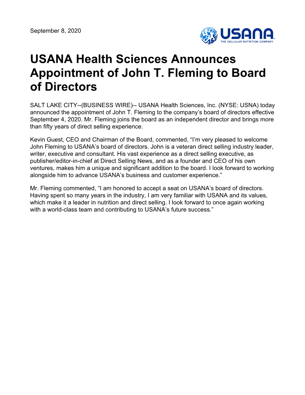 USANA Health Sciences Announces Appointment of John T. Fleming to Board of Directors
