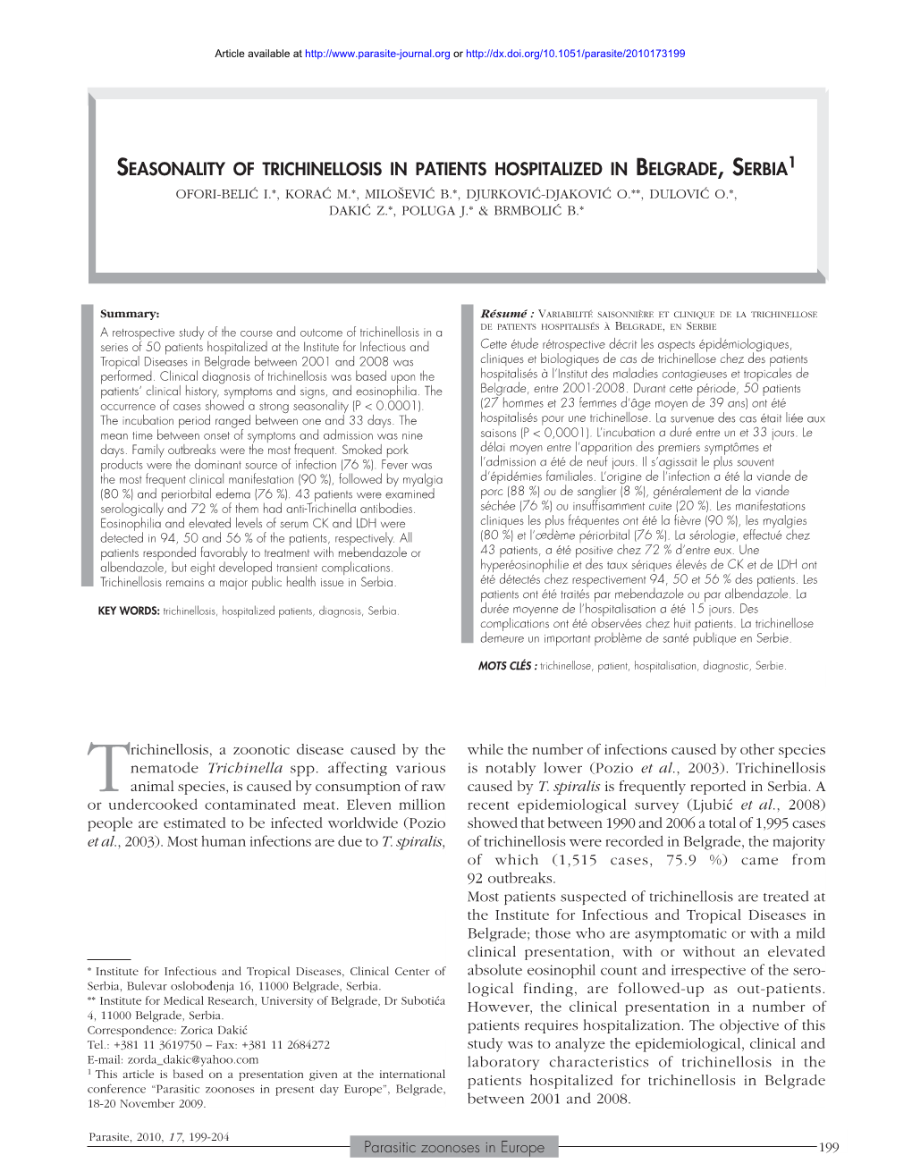 Seasonality of Trichinellosis in Patients Hospitalized in Belgrade, Serbia\*