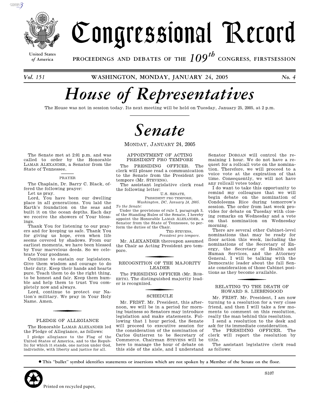 Congressional Record United States Th of America PROCEEDINGS and DEBATES of the 109 CONGRESS, FIRSTSESSION