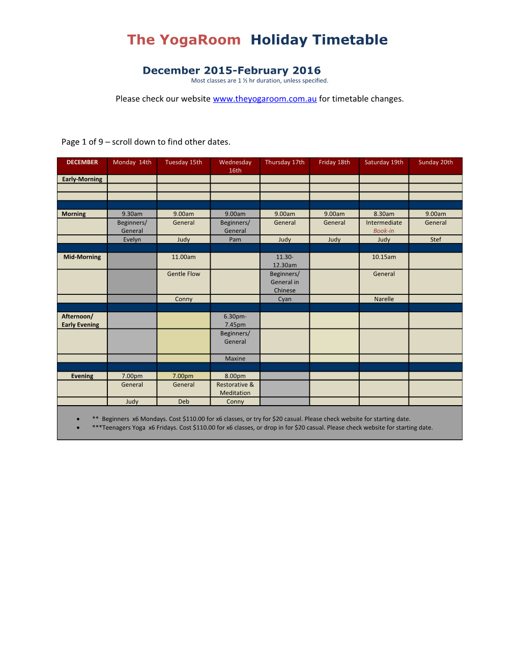 The Yogaroom Holiday Timetable