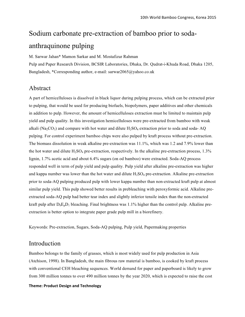 Sodium Carbonate Pre-Extraction of Bamboo Prior to Soda- Anthraquinone Pulping