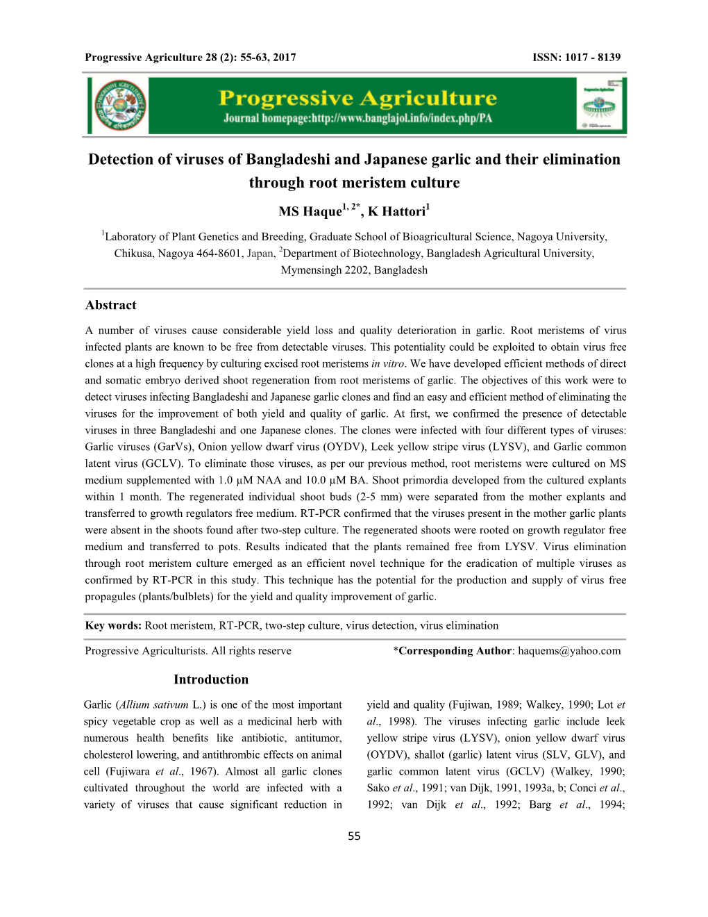 Detection of Viruses of Bangladeshi and Japanese Garlic and Their Elimination Through Root Meristem Culture MS Haque1, 2*, K Hattori1