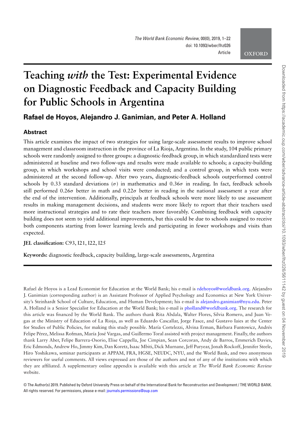 Teaching with the Test: Experimental Evidence on Diagnostic Feedback and Capacity Building for Public Schools in Argentina Rafael De Hoyos, Alejandro J