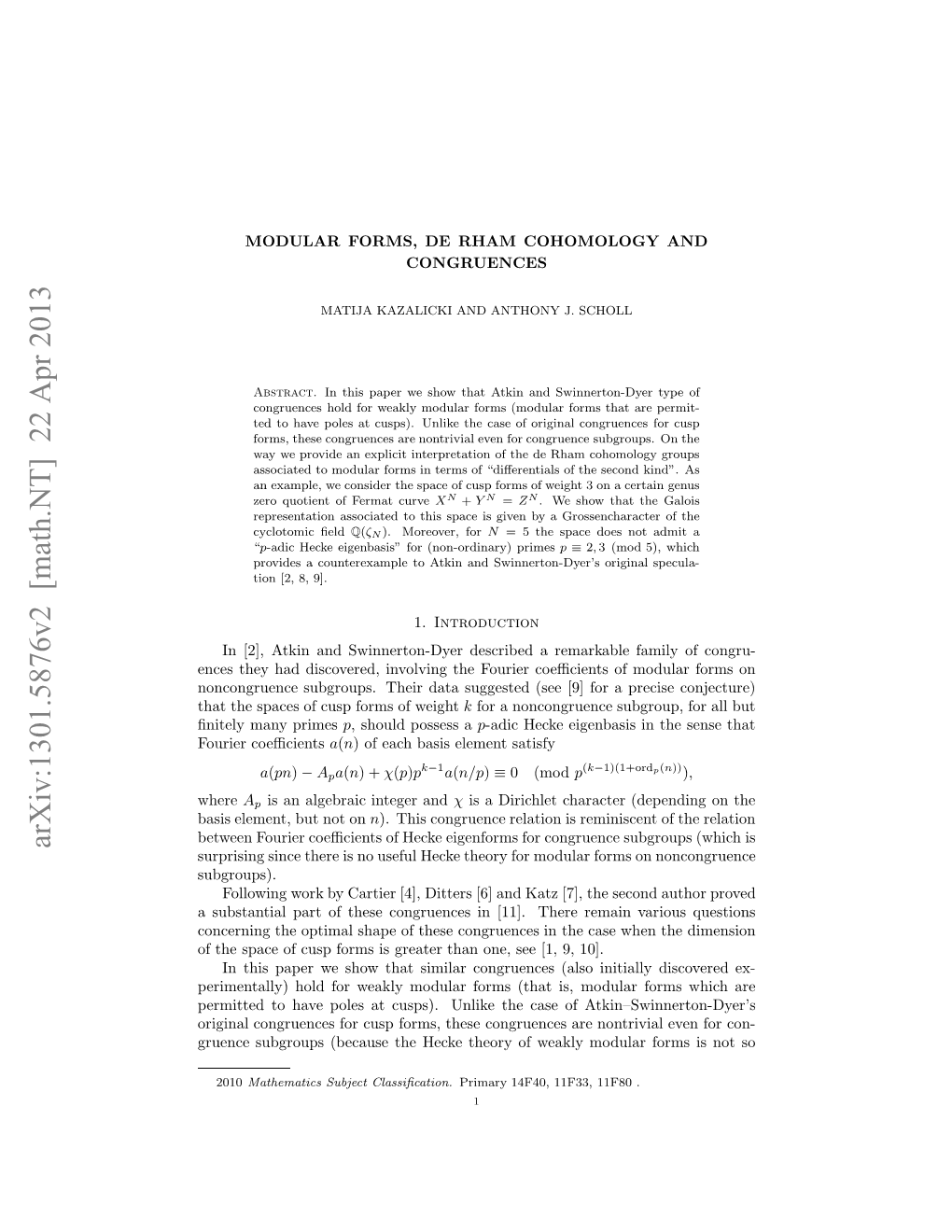 Arxiv:1301.5876V2 [Math.NT] 22 Apr 2013 Ore Coeﬃcients Fourier Upiigsneteei Oueu Ek Hoyfrmdlrforms Modular for Theory Hecke Useful Subgroups)