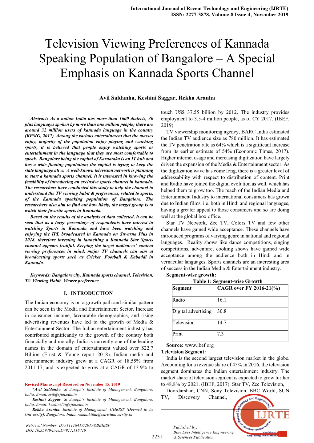 Television Viewing Preferences of Kannada Speaking Population of Bangalore – a Special Emphasis on Kannada Sports Channel