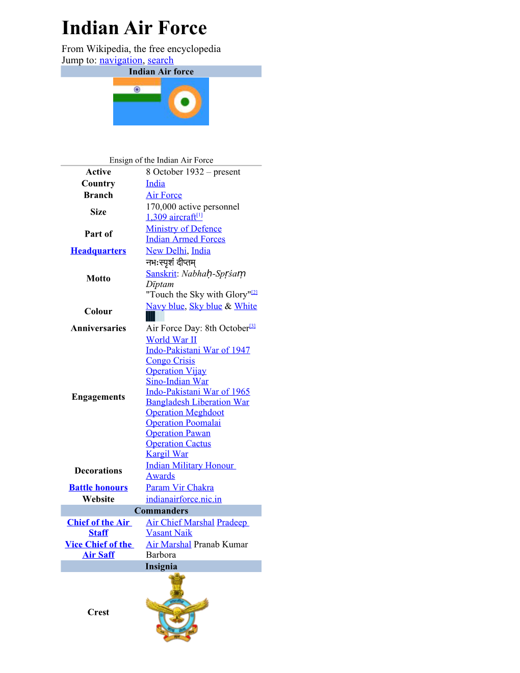 Indian Air Force from Wikipedia, the Free Encyclopedia Jump To: Navigation, Search Indian Air Force