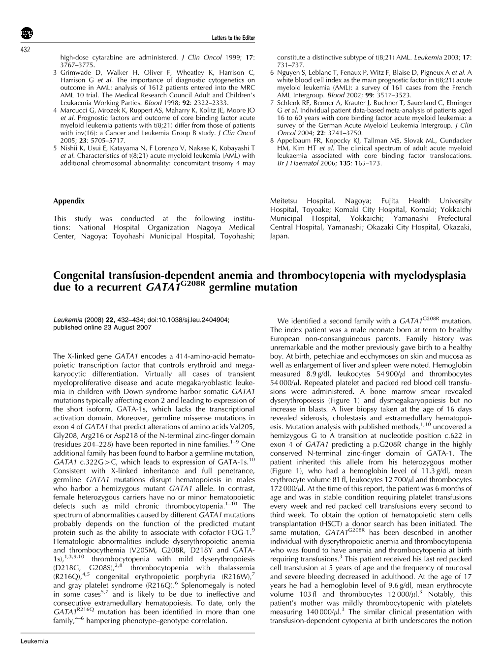 Congenital Transfusion-Dependent Anemia and Thrombocytopenia with Myelodysplasia Due to a Recurrent GATA1G208R Germline Mutation