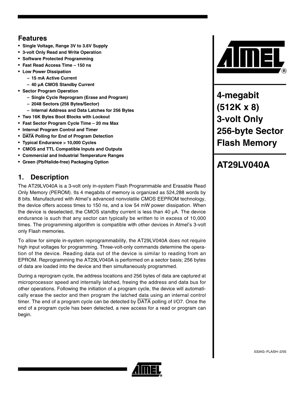 4-Megabit (512K X 8) 3-Volt Only 256-Byte Sector Flash Memory
