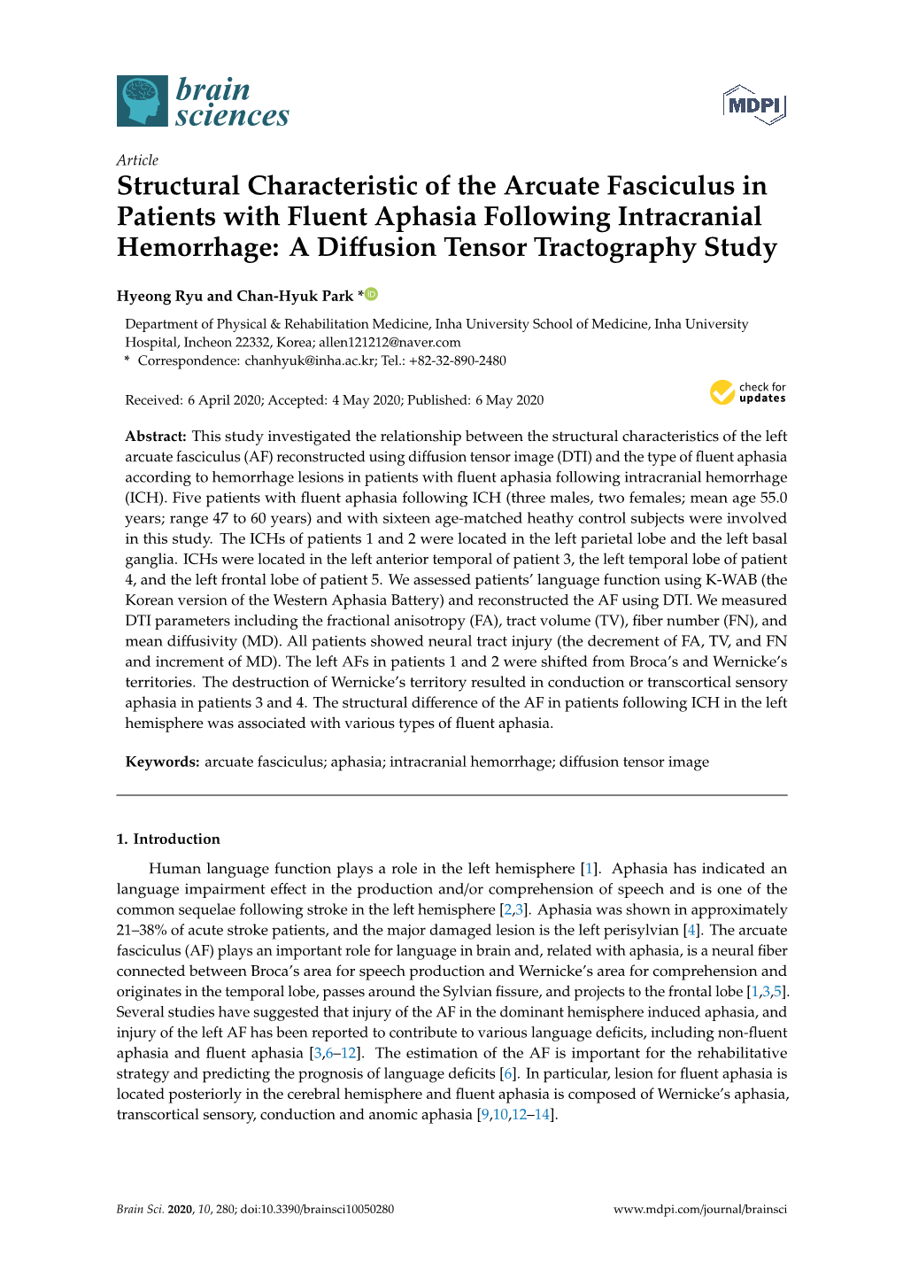 Structural Characteristic of the Arcuate Fasciculus in Patients with Fluent Aphasia Following Intracranial Hemorrhage: a Diﬀusion Tensor Tractography Study