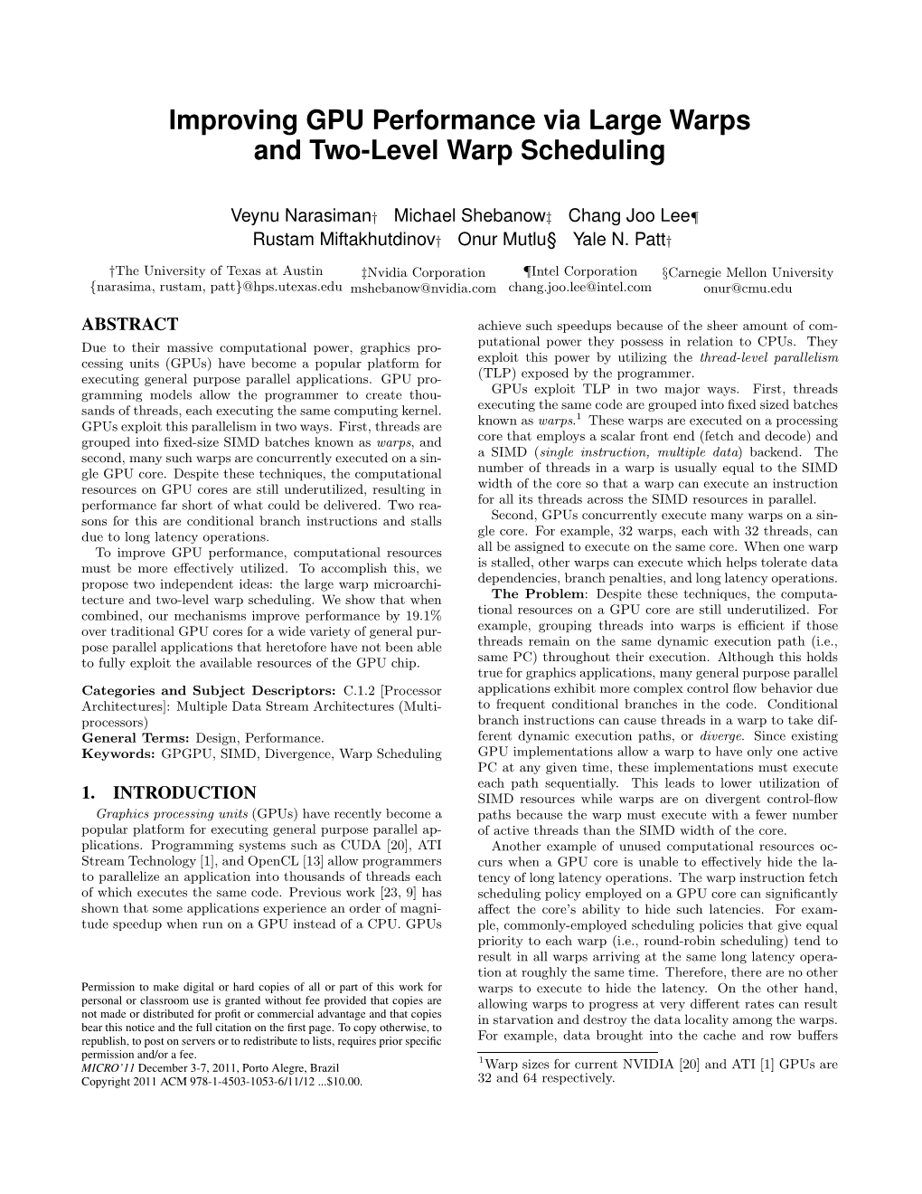 Improving GPU Performance Via Large Warps and Two-Level Warp Scheduling