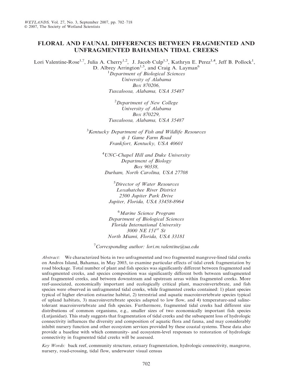 Floral and Faunal Differences Between Fragmented and Unfragmented Bahamian Tidal Creeks