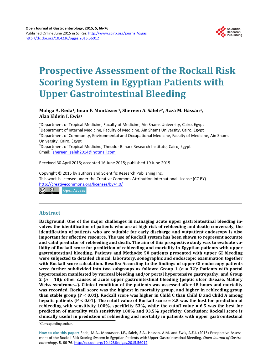 Prospective Assessment of the Rockall Risk Scoring System in Egyptian Patients with Upper Gastrointestinal Bleeding