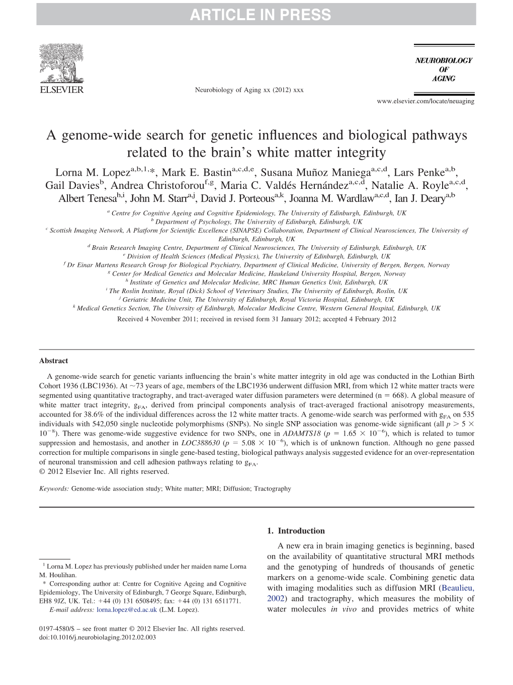 A Genome-Wide Search for Genetic Influences and Biological Pathways Related to the Brain's White Matter Integrity