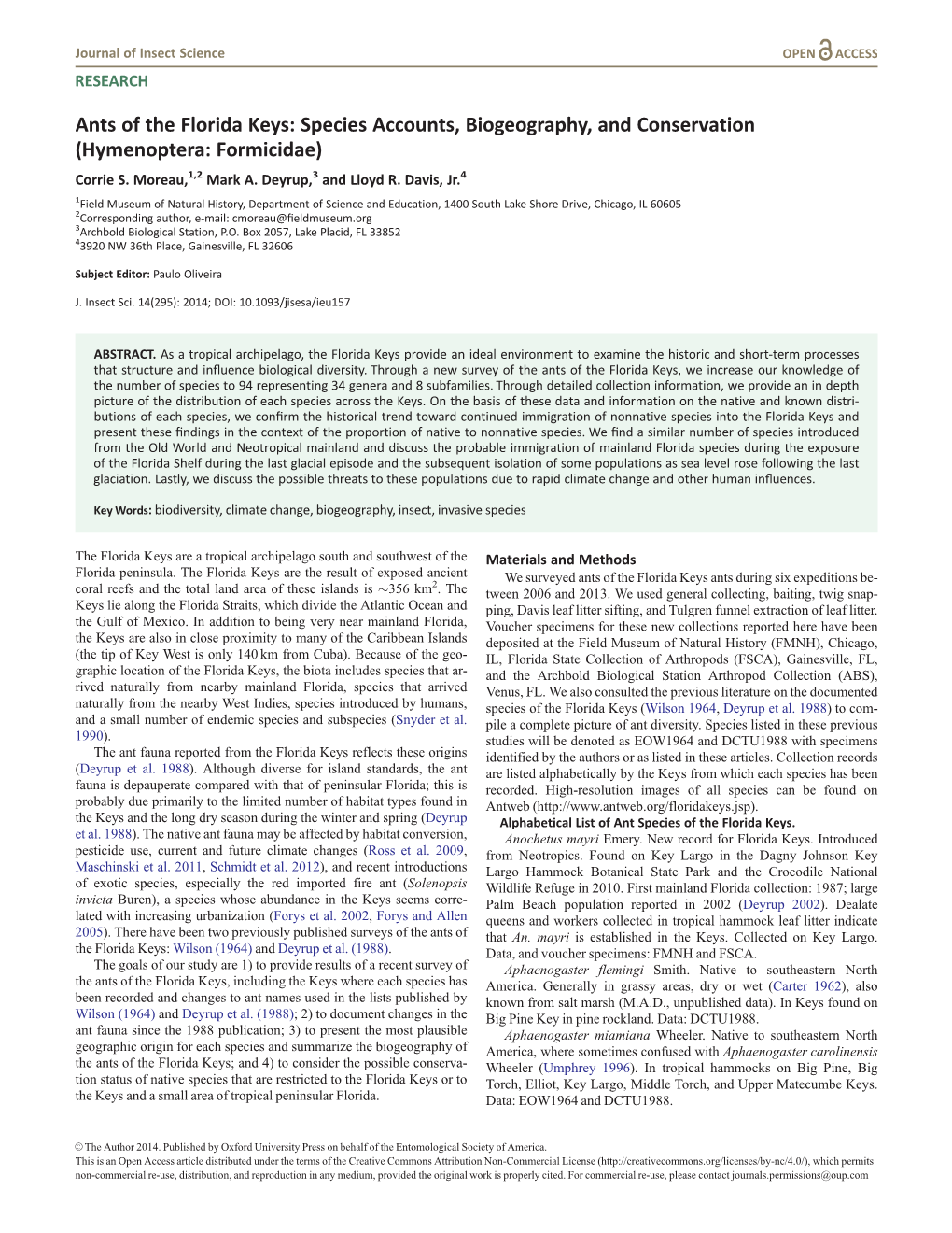 Ants of the Florida Keys: Species Accounts, Biogeography, and Conservation (Hymenoptera: Formicidae) Corrie S