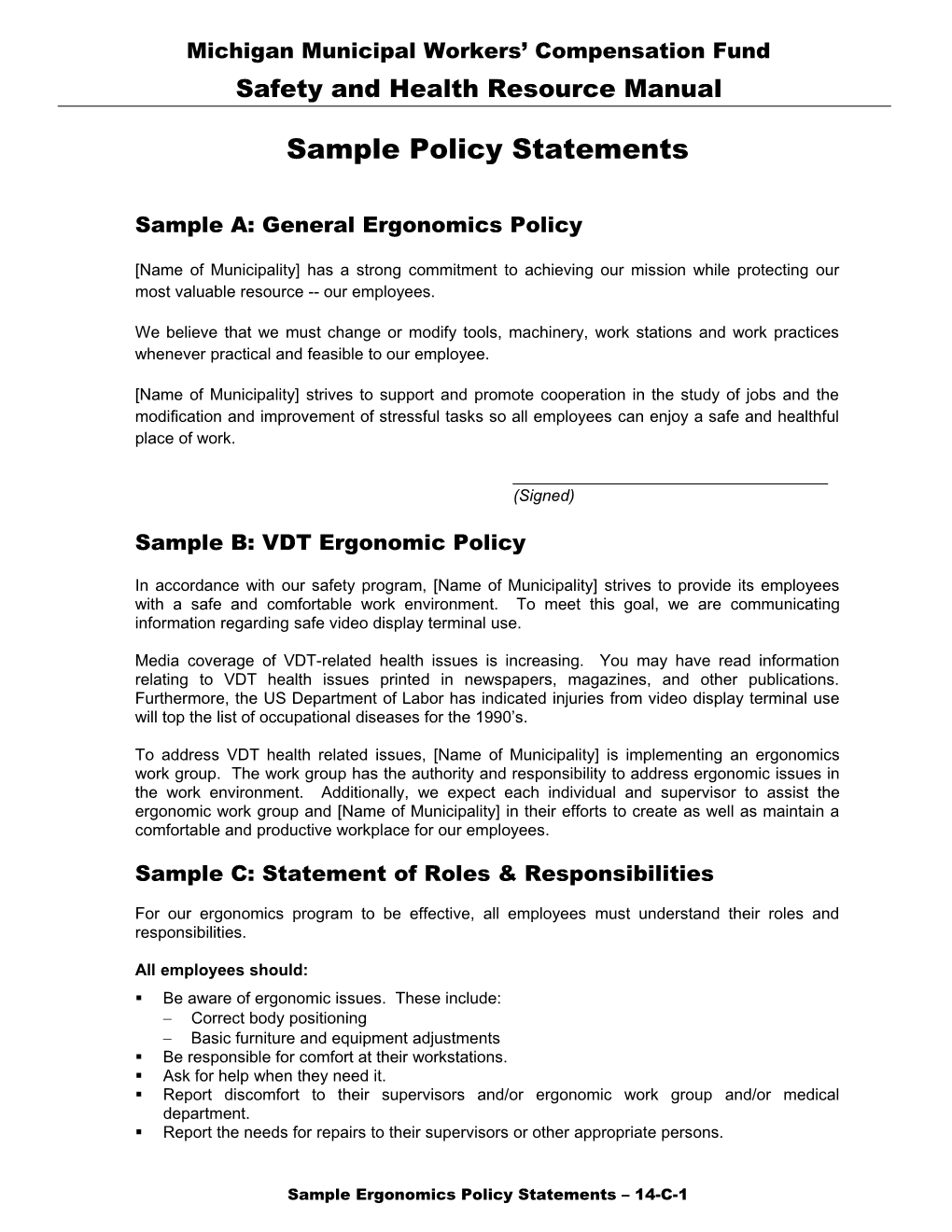 Sample Ergonomic Policy Statements