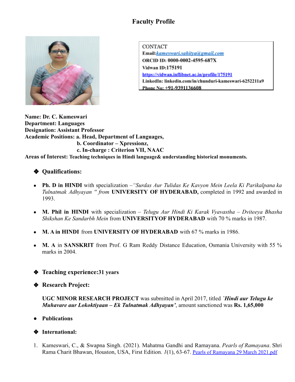 Dr. C. Kameswari Profile