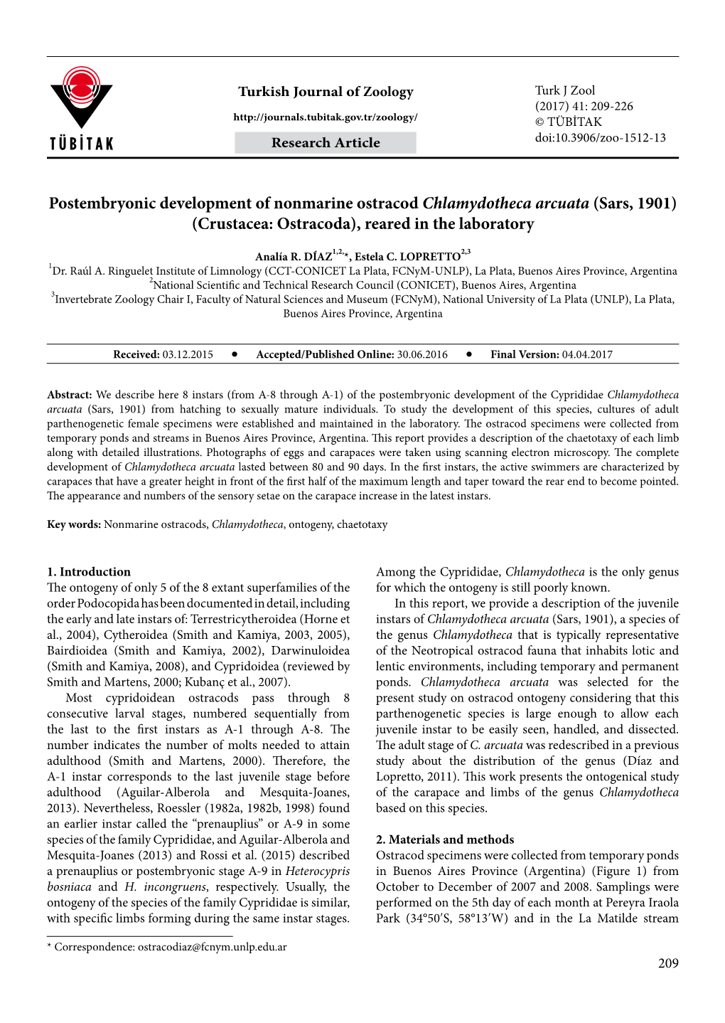 Crustacea: Ostracoda), Reared in the Laboratory