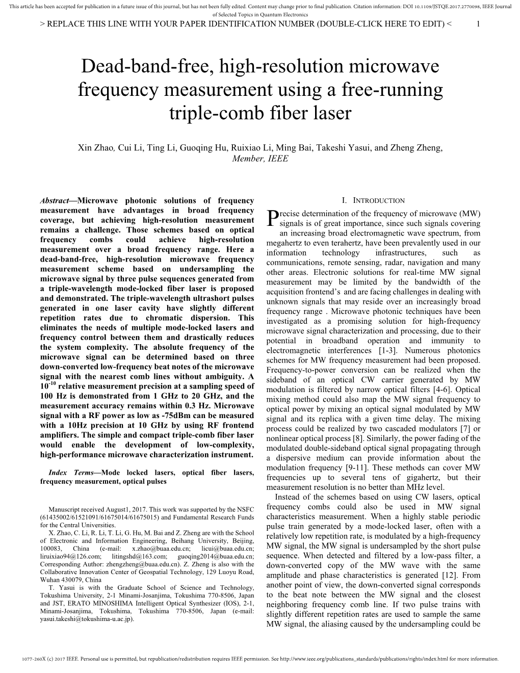 Dead-Band-Free, High-Resolution Microwave Frequency Measurement Using a Free-Running Triple-Comb Fiber Laser