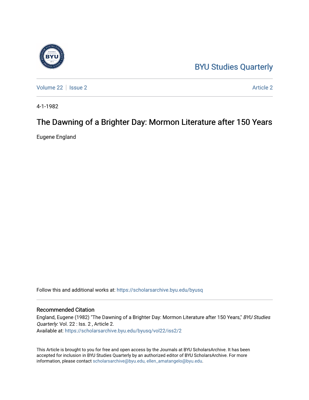 The Dawning of a Brighter Day: Mormon Literature After 150 Years