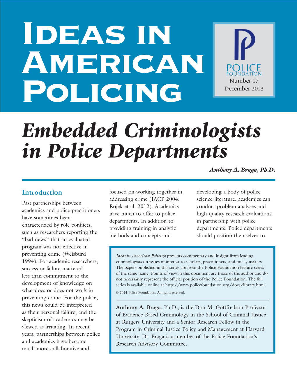 Embedded Criminologists in Police Departments Anthony A