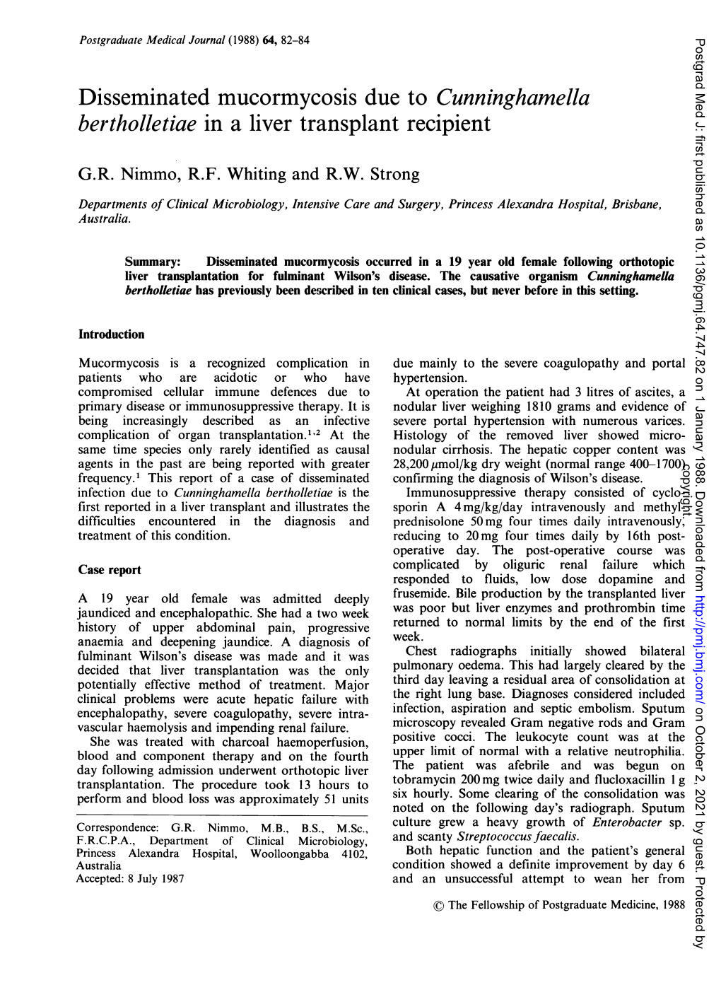 Disseminated Mucormycosis Due to Cunninghamella Bertholletiae in a Liver Transplant Recipient