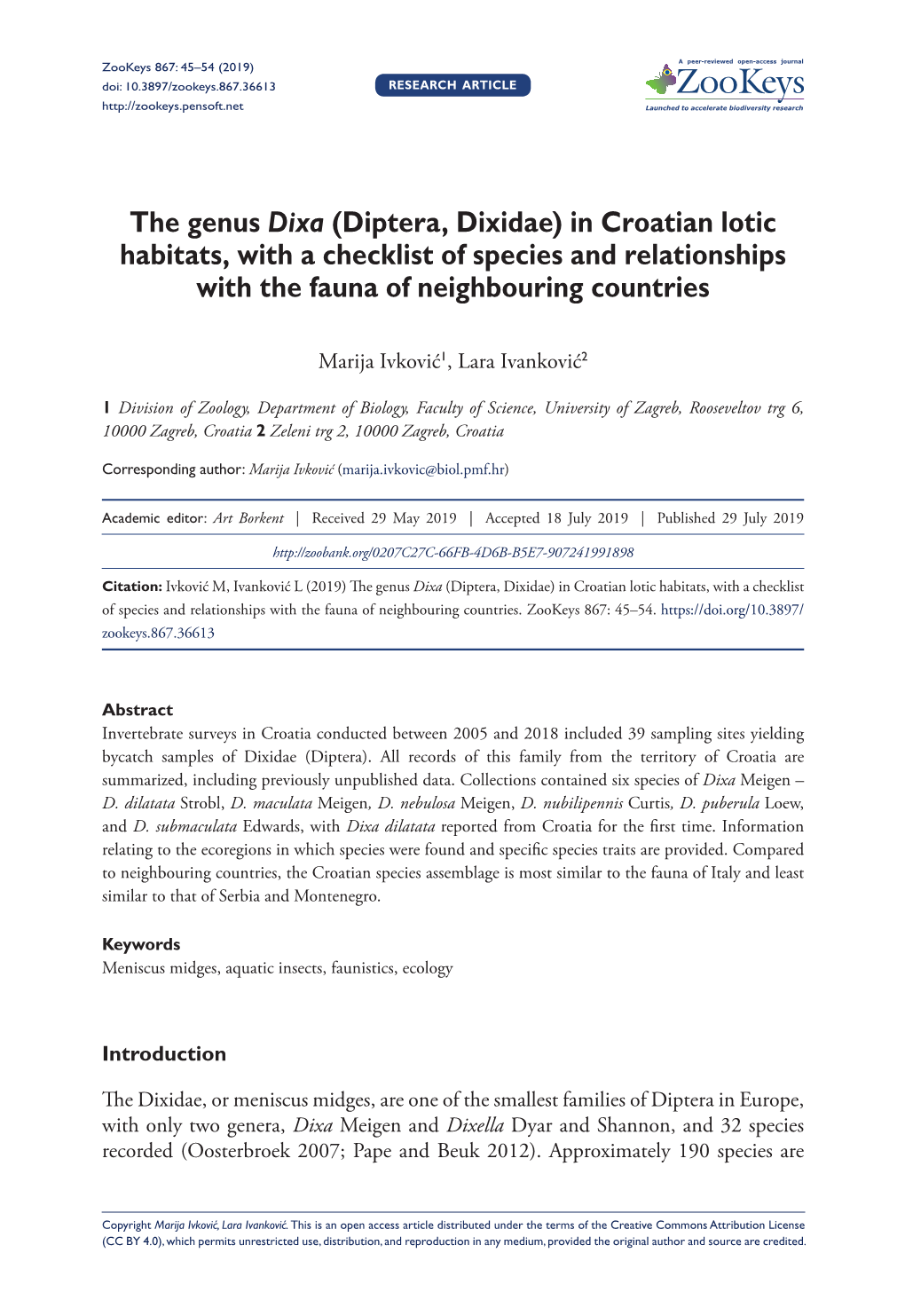 ﻿The Genus Dixa (Diptera, Dixidae) in Croatian Lotic Habitats, with a Checklist of Species and Relationships with the Fauna Of